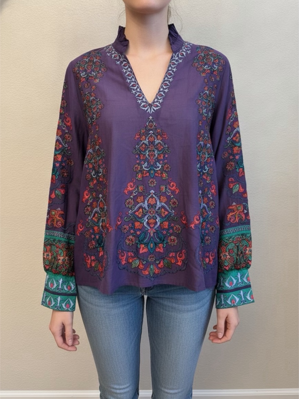 Sundance Purple Embroidered V-Neck Tunic with Teal Accents Sz L